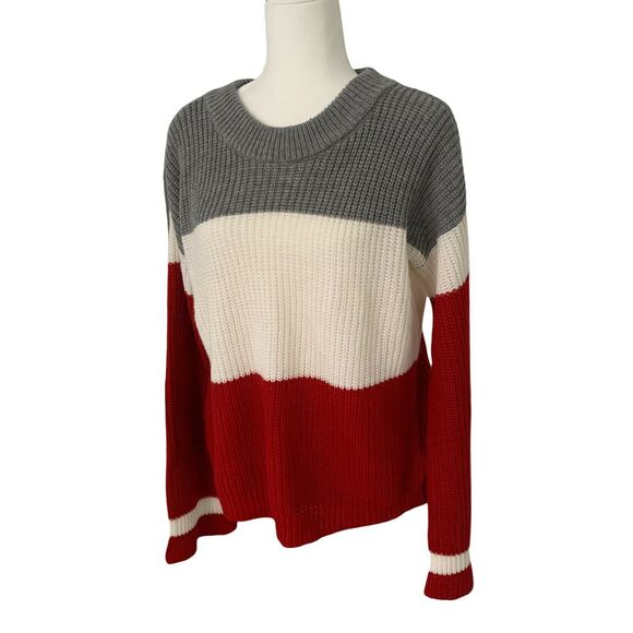 Cloud Chaser Women's Sweater Large Gray Red Knit Long Sleeve Pullover Crew Neck - Picture 1 of 9